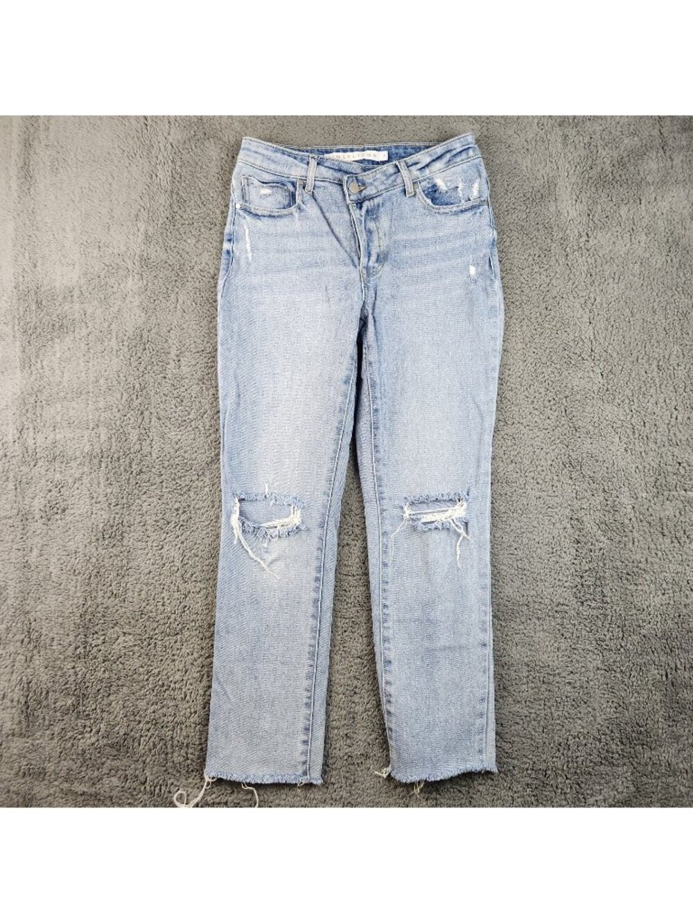 TinselTown Jeans Womens 5 Blue Angled Button Fly High Rise Fray Hem Ripped Knees